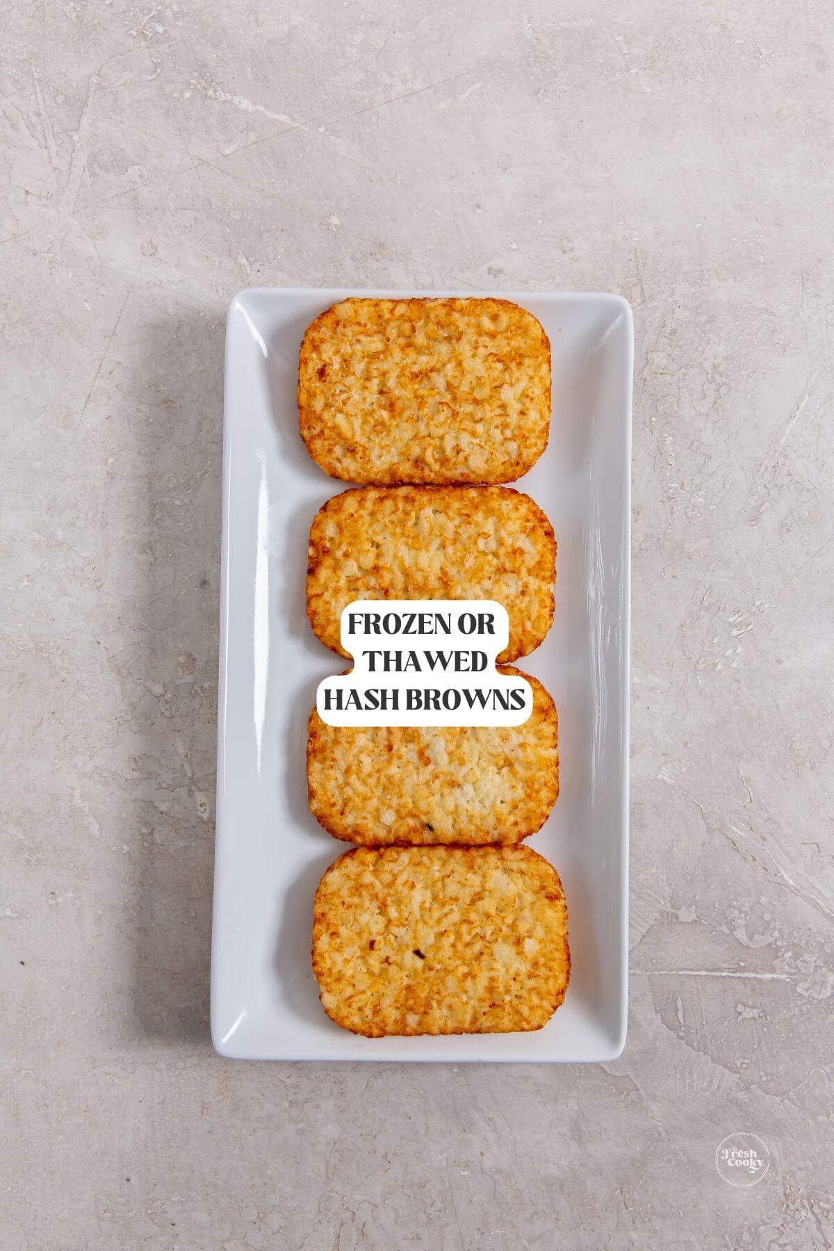 Labeled ingredients for frozen hash brown patties in air fryer.