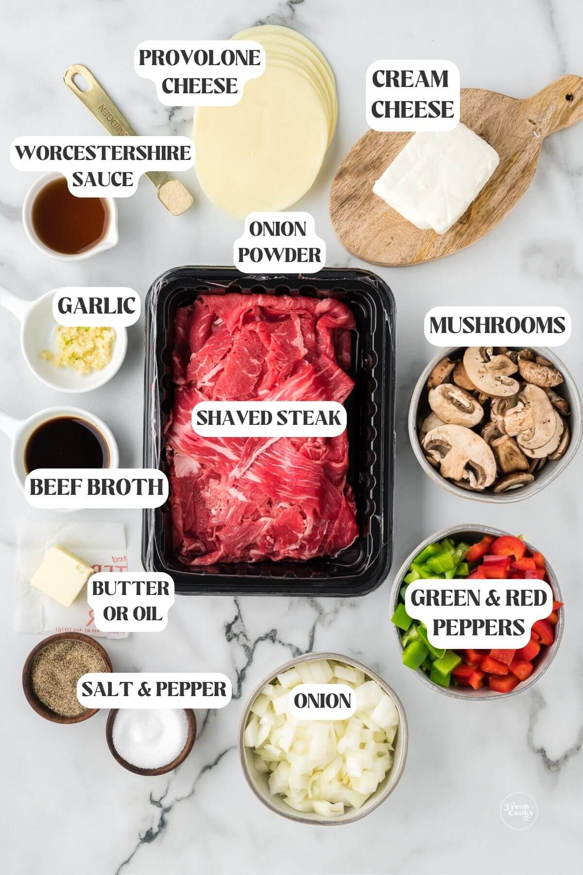 Labeled ingredients for Philly cheesesteak casserole recipe.