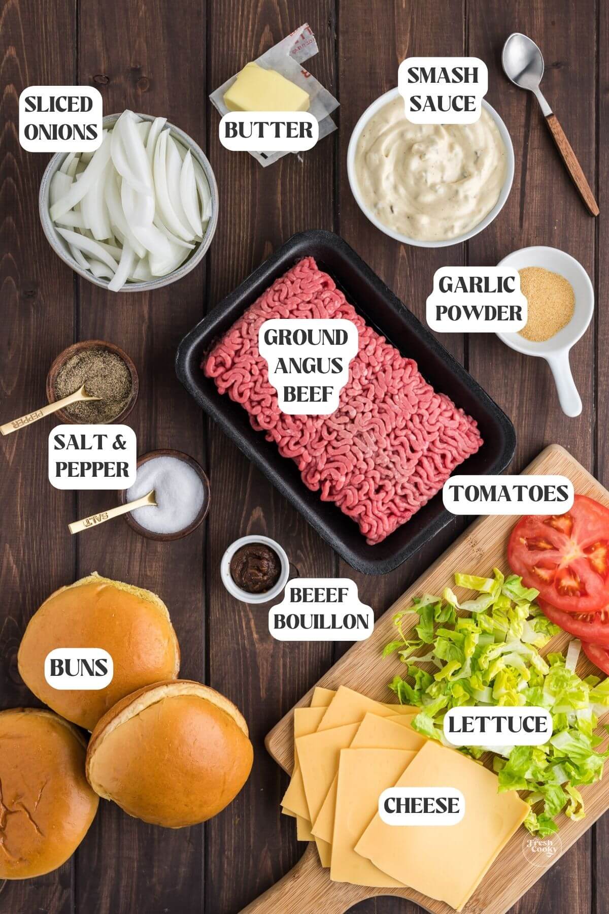 Labeled ingredients for smashburger with onions made on blackstone.