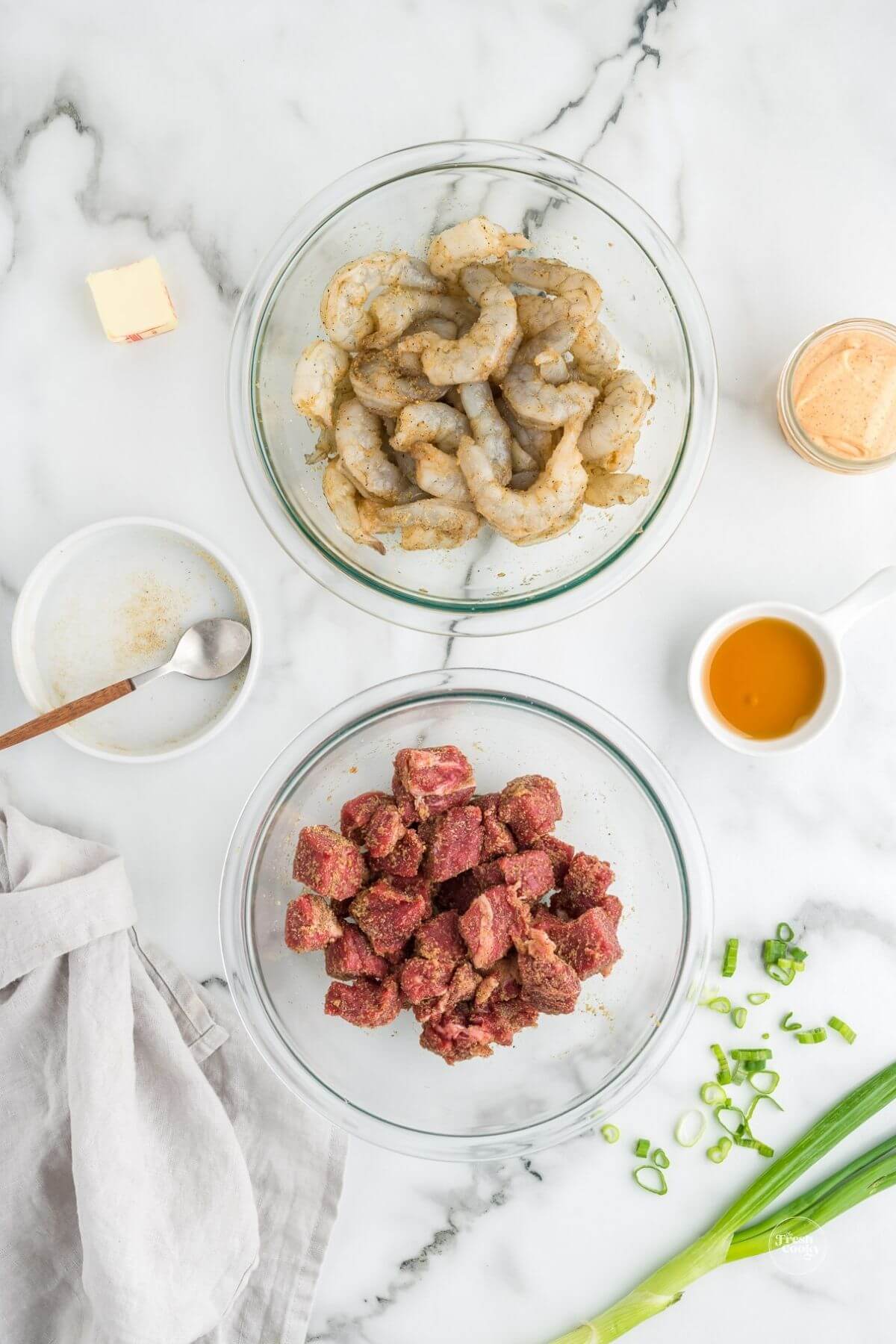 Marinating steak and shrimp for hibachi grill.