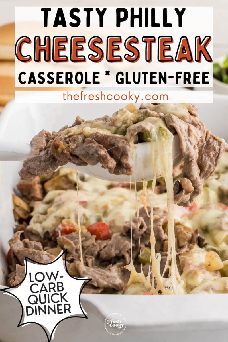 A cheesy spoonful of Philly cheesesteak casserole for pinning.