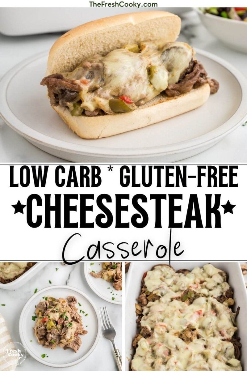 Sandwich filled with Philly cheesesteak casserole and topped with melty cheese, casserole on plate and in casserole dish, to pin.