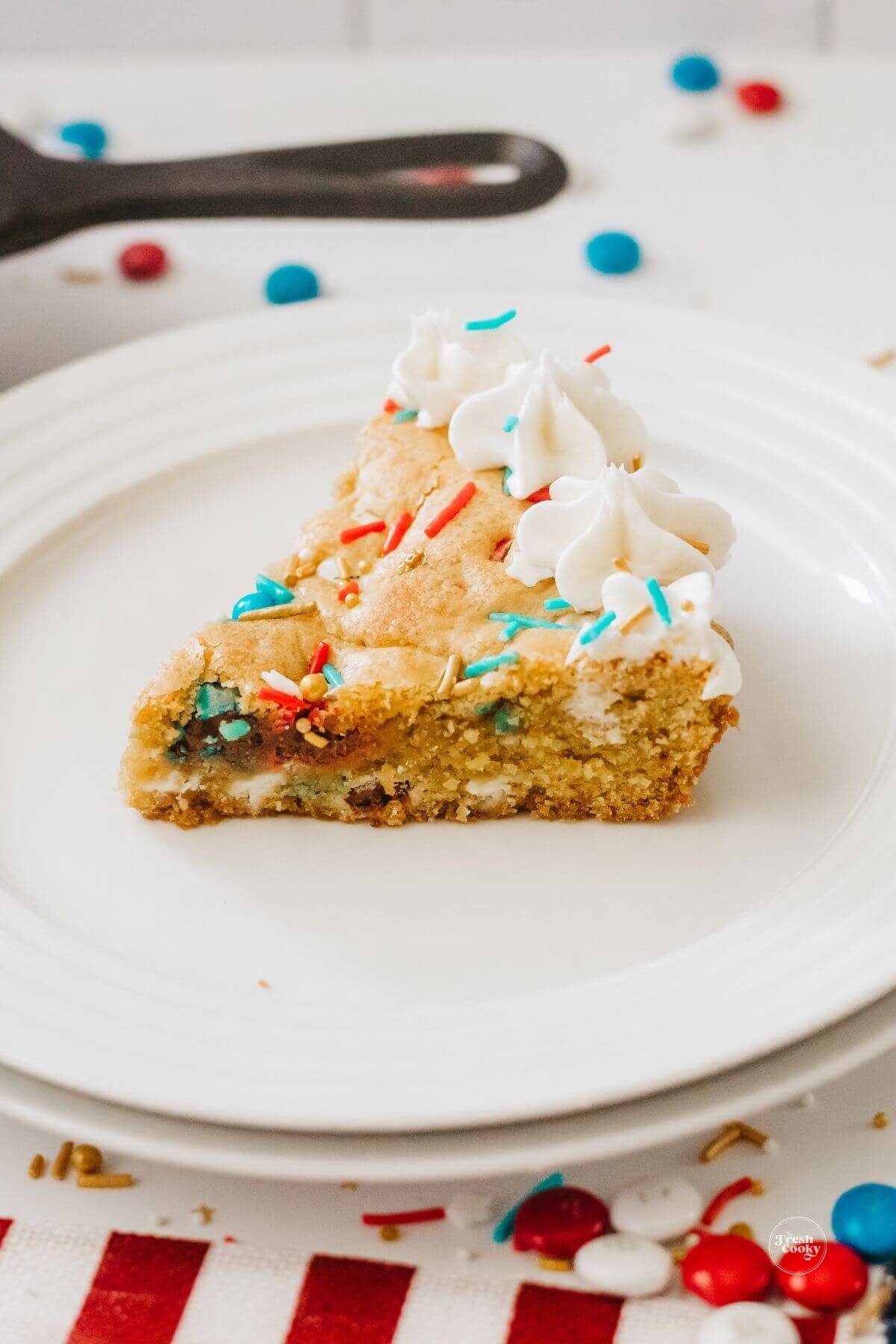 Patriotic cookie pie slice on plates.