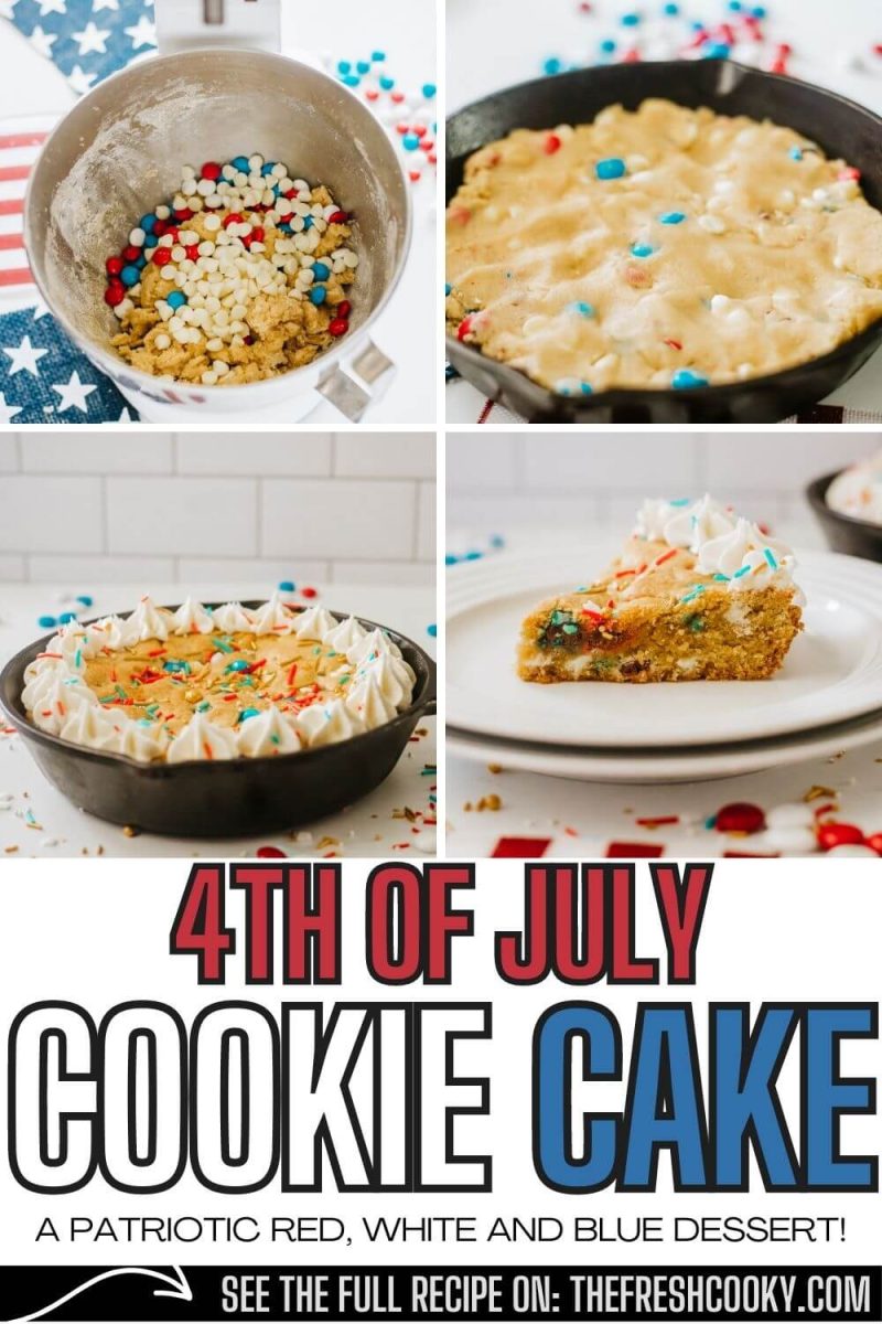 4th of July cookie cake in process and finished cookie cake with slice on plate, to pin.
