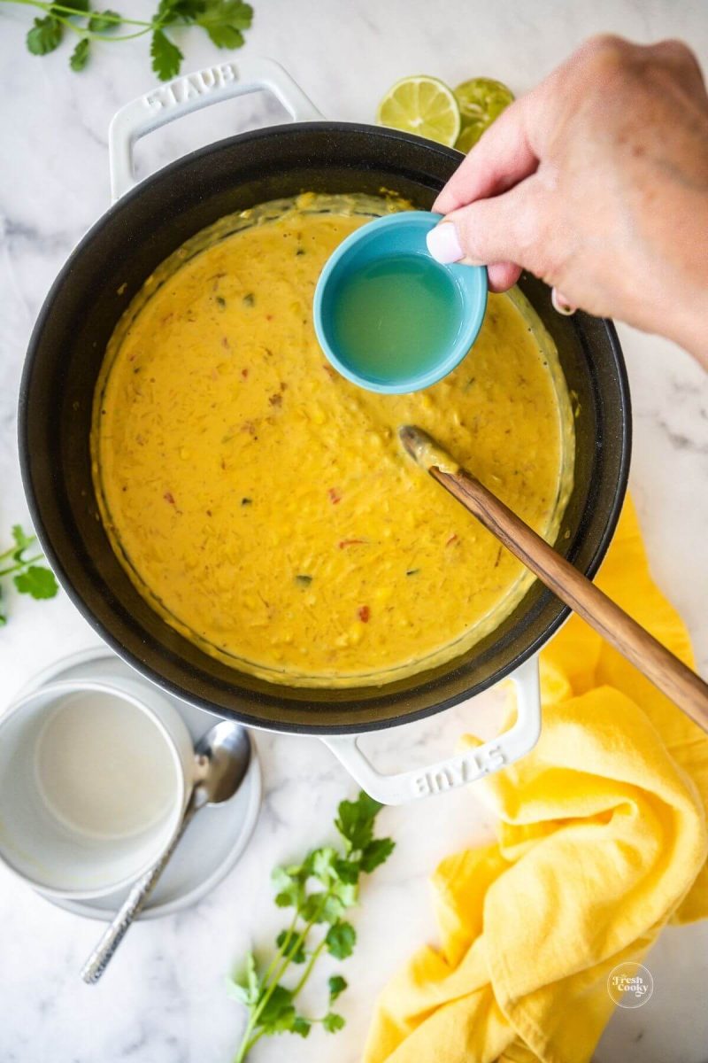 Add lime juice to corn chowder just before serving for brightness!