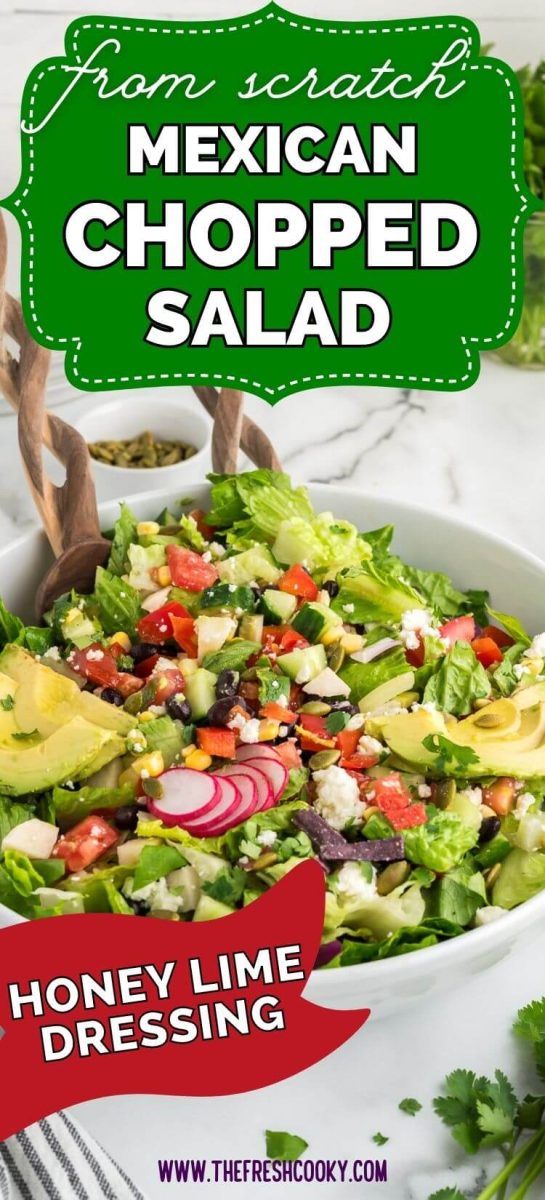 Easy healthy Mexican chopped salad in bowl with tongs, to pin.