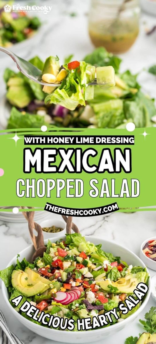 Mexican chopped salad with wooden servers and a forkful of salad full of veggies, to pin.