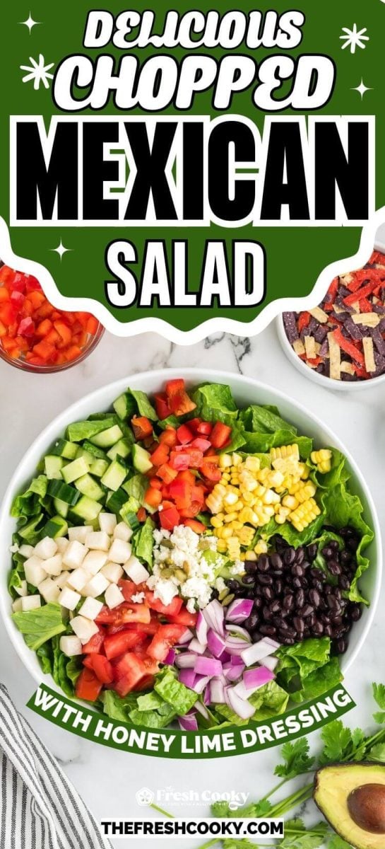 Adding colorful veggies to a bed of romaine lettuce for a Mexican chopped salad, to pin.