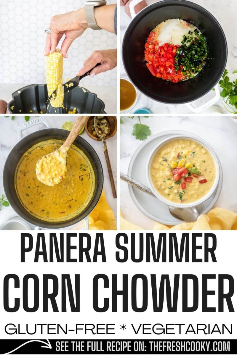 Process of making summer corn chowder recipe, gluten-free and vegetarian, to pin.