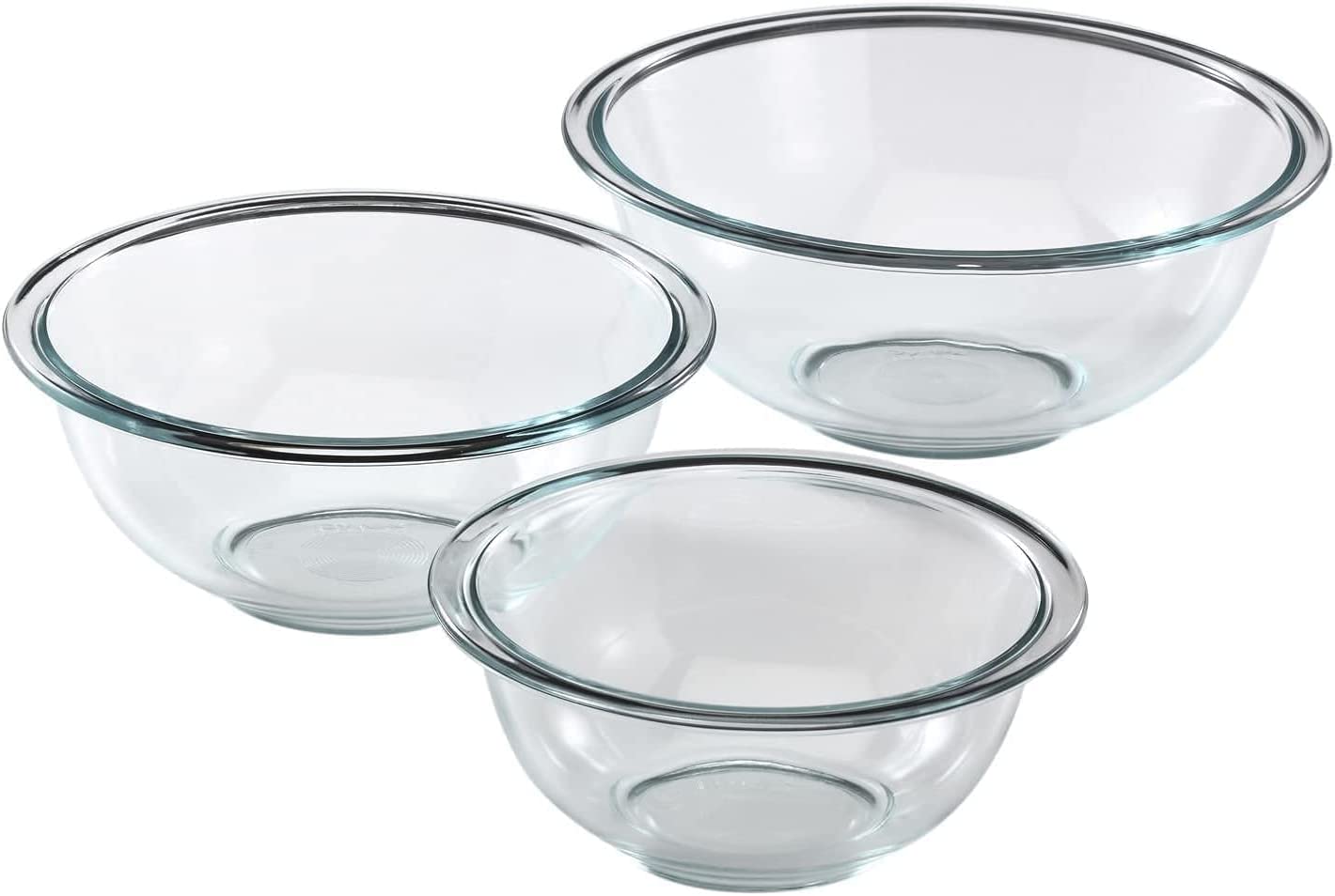 Pyrex glass mixing bowls.