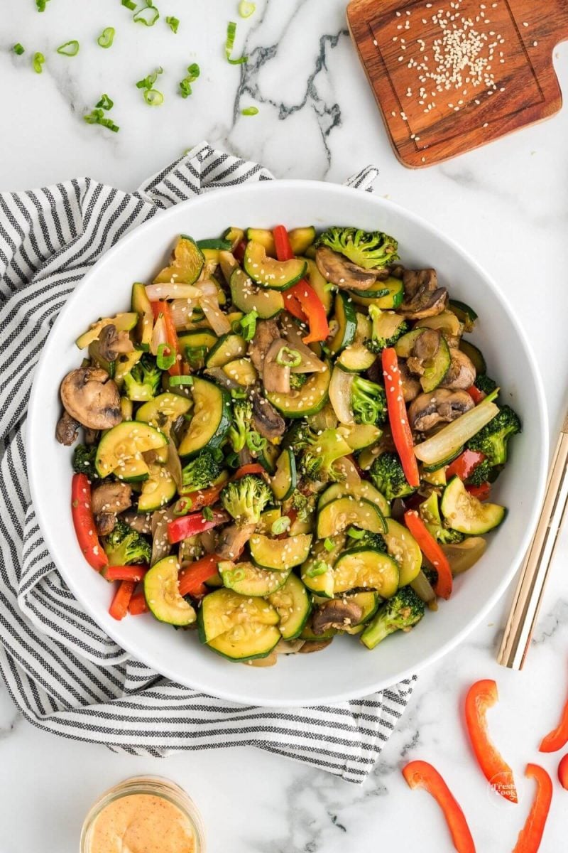 Large bowl of hibachi charred veggies. 