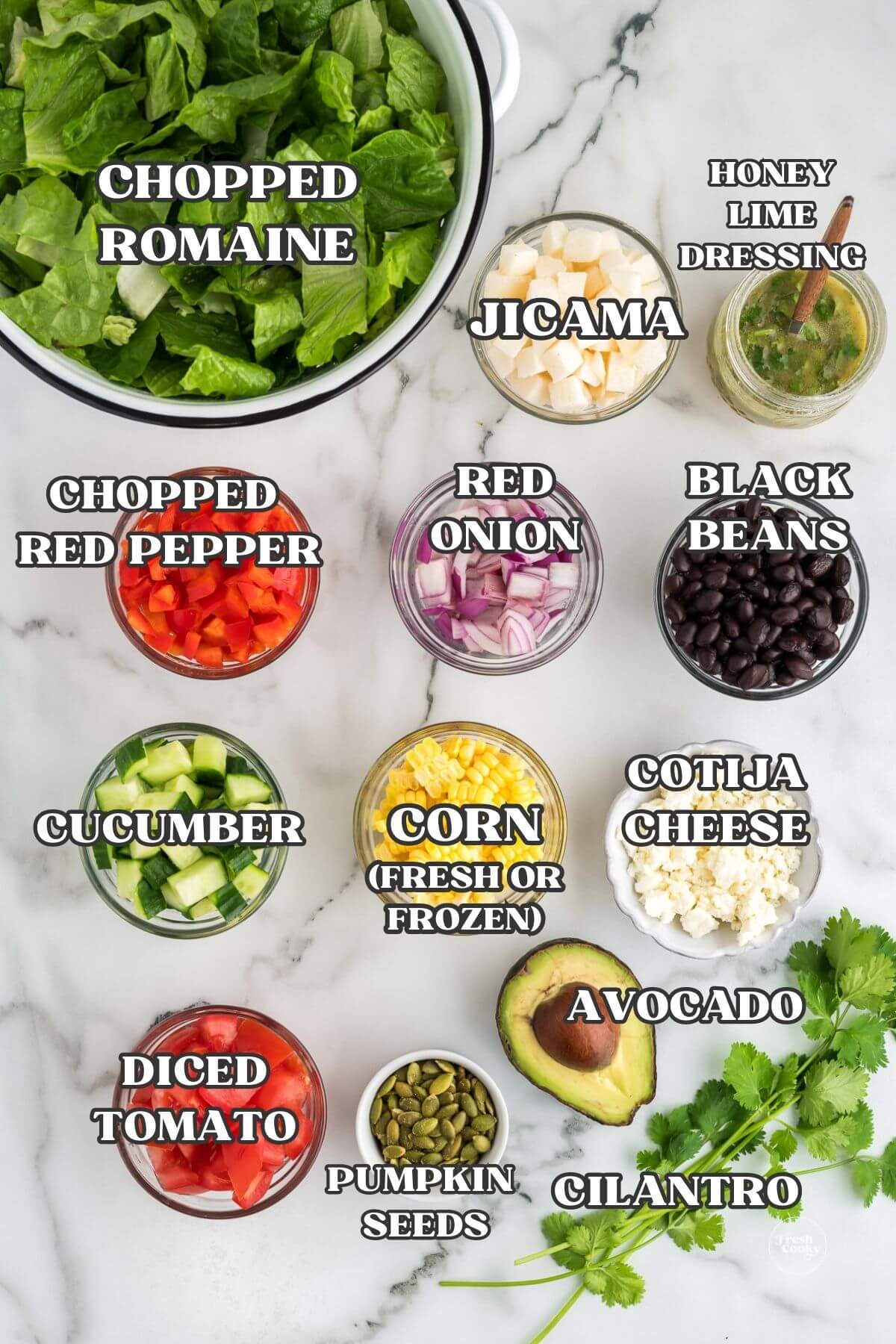 Labeled ingredients for mexican chopped salad.