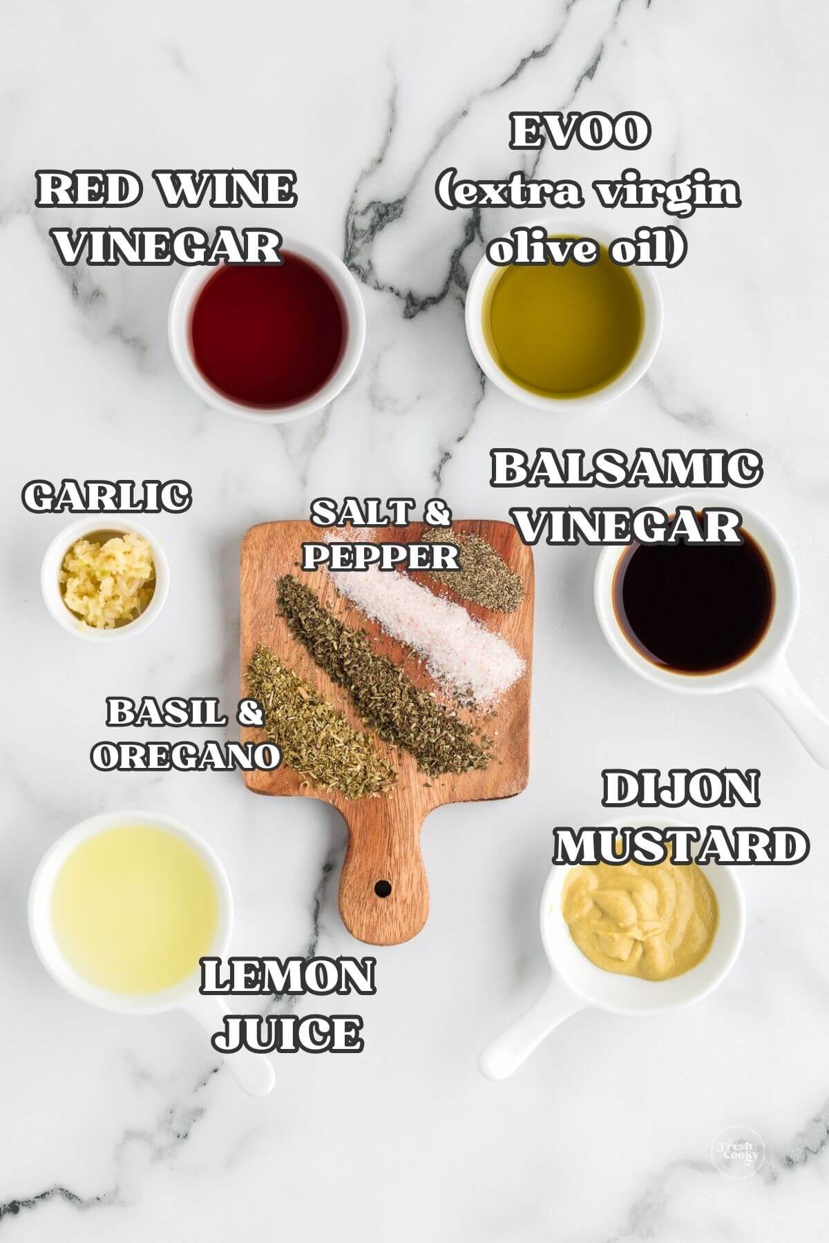 Labeled ingredients for zesty Italian dressing recipe. 