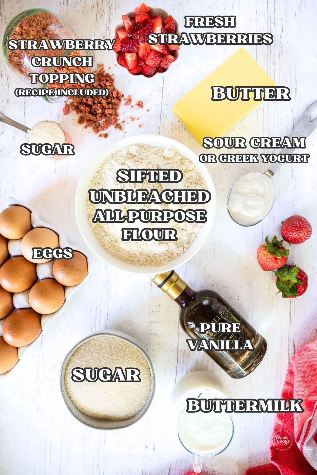 Labeled ingredients for strawberry bundt cake.