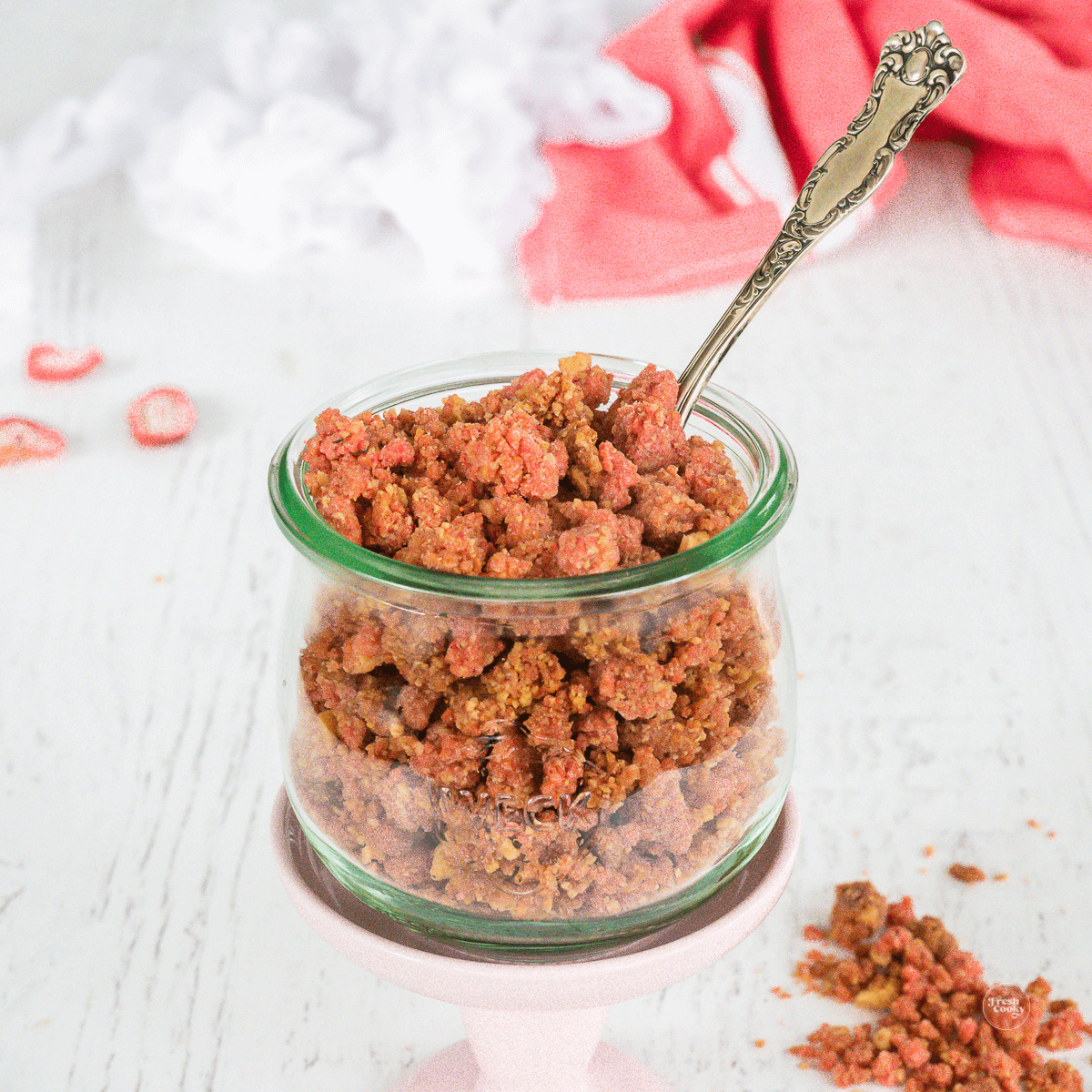 Strawberry crunch recipe in glass jar.