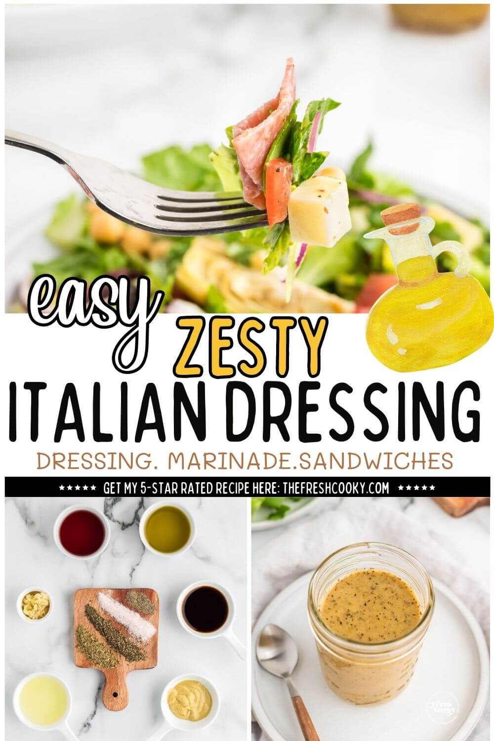 Forkful of zesty Italian salad with dressing, ingredients and dressing in jar for pinning.