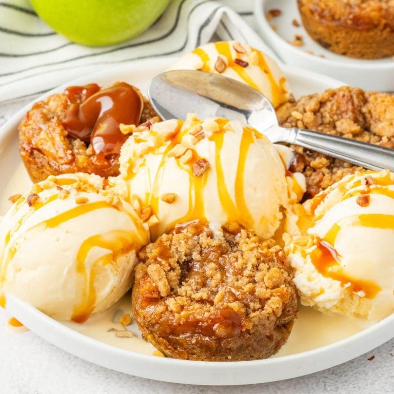 Apple mini pie on plate with scoops of vanilla ice cream.