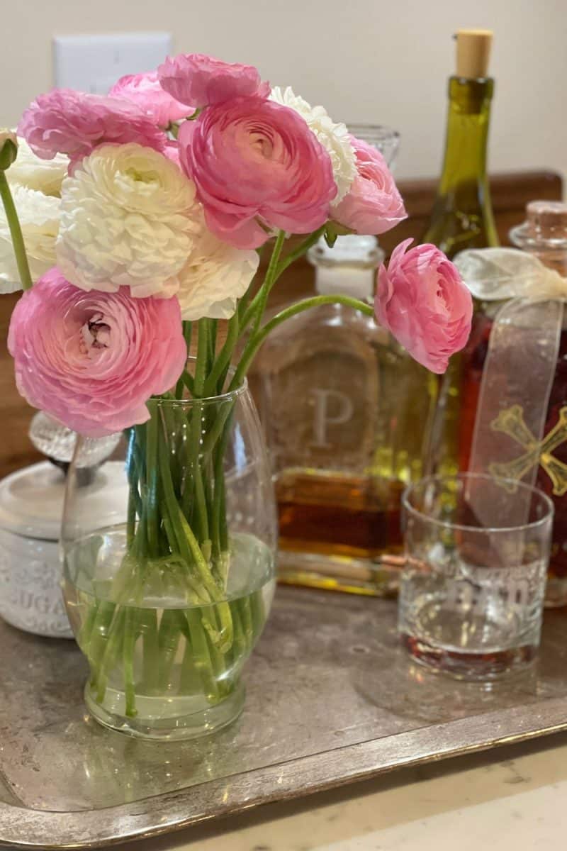 Beautiful pink and white ranunculus flowers in a vase.