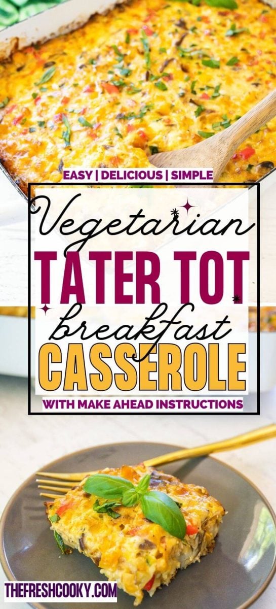 Serving a slice of tater tot breakfast casserole, vegetarian and meatless, to pin.