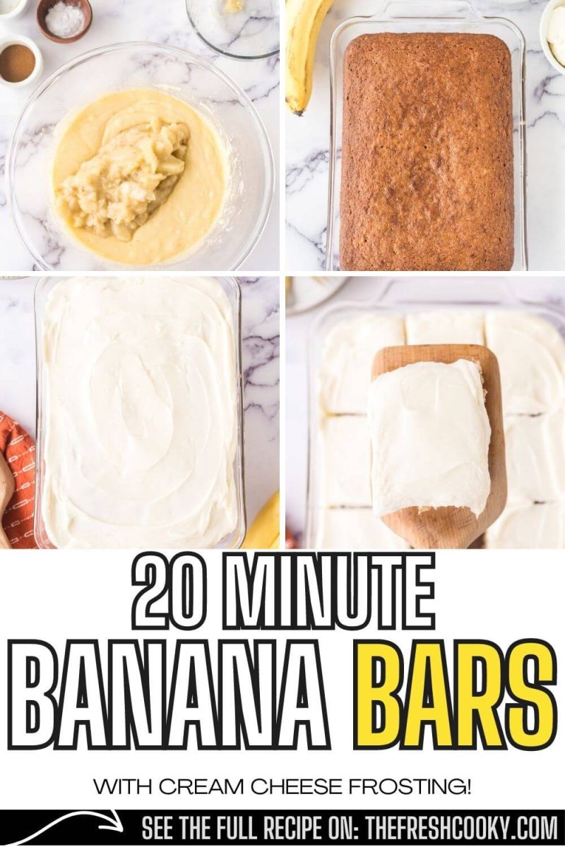 Stages of making banana bars with cream cheese frosting, tp pin.