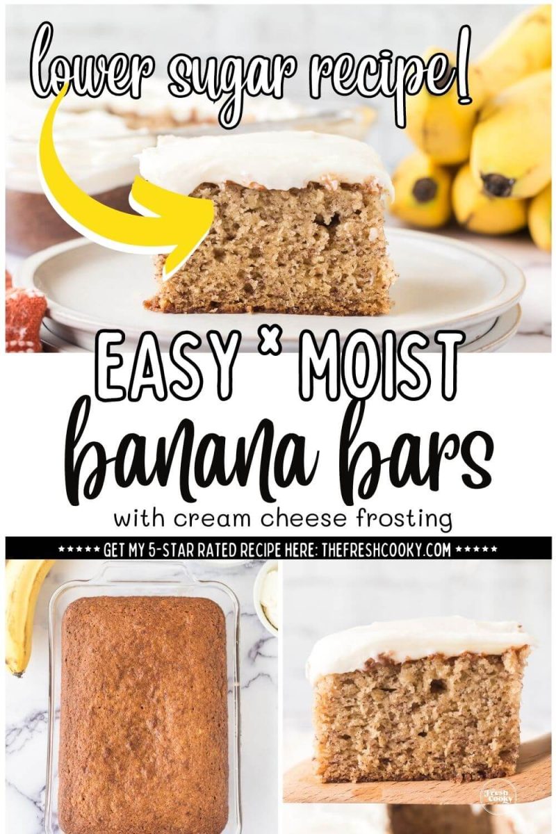 Easy and Moist banana bars with cream cheese frosting, showing before frosting and after, to pin.