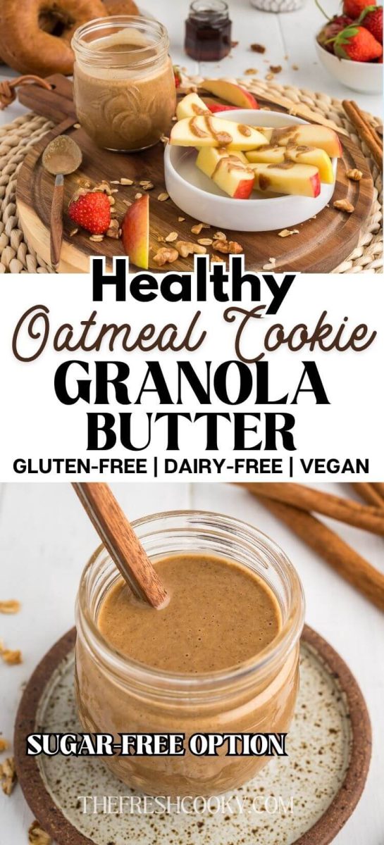 Granola butter oatmeal cookie oat butter in jar and drizzled onto apples, to pin.