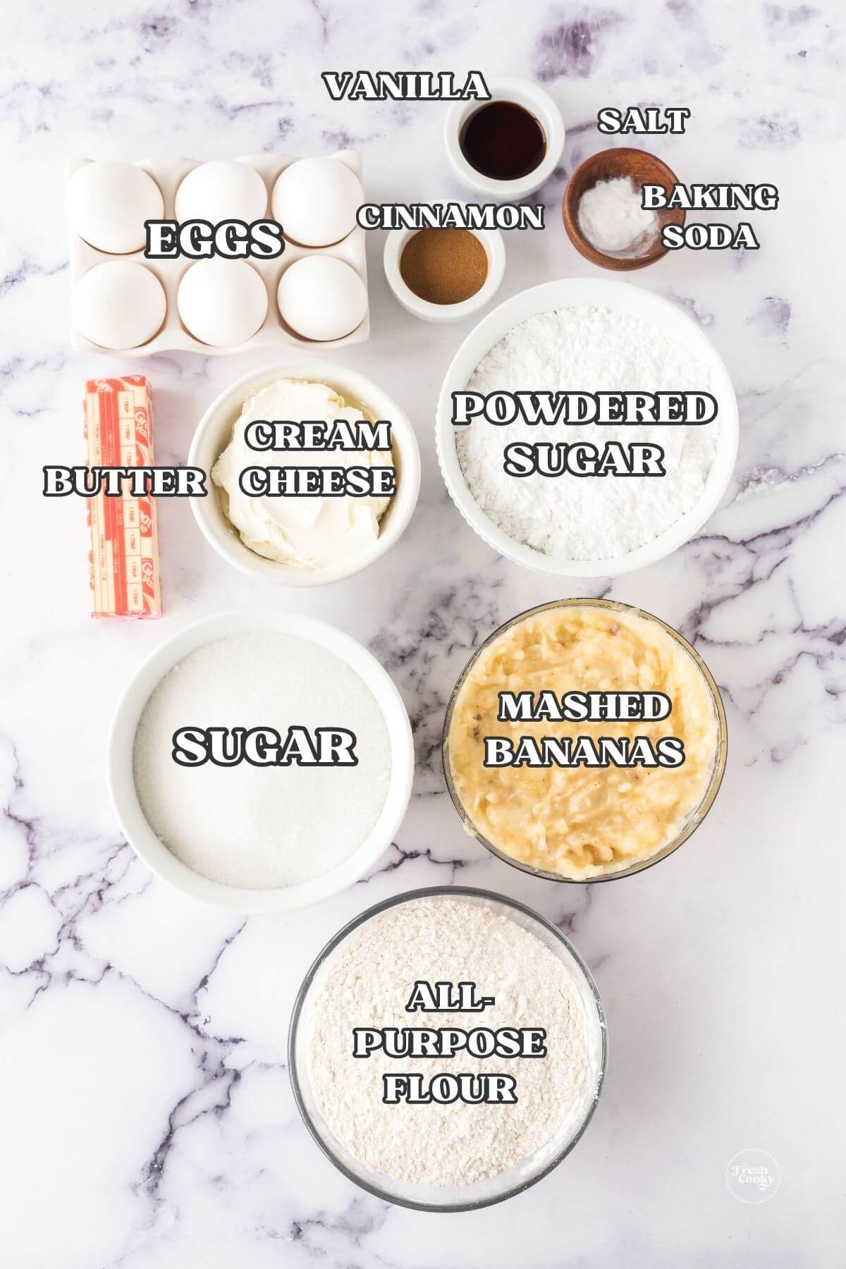 Labeled ingredients for banana bars with cream cheese frosting.