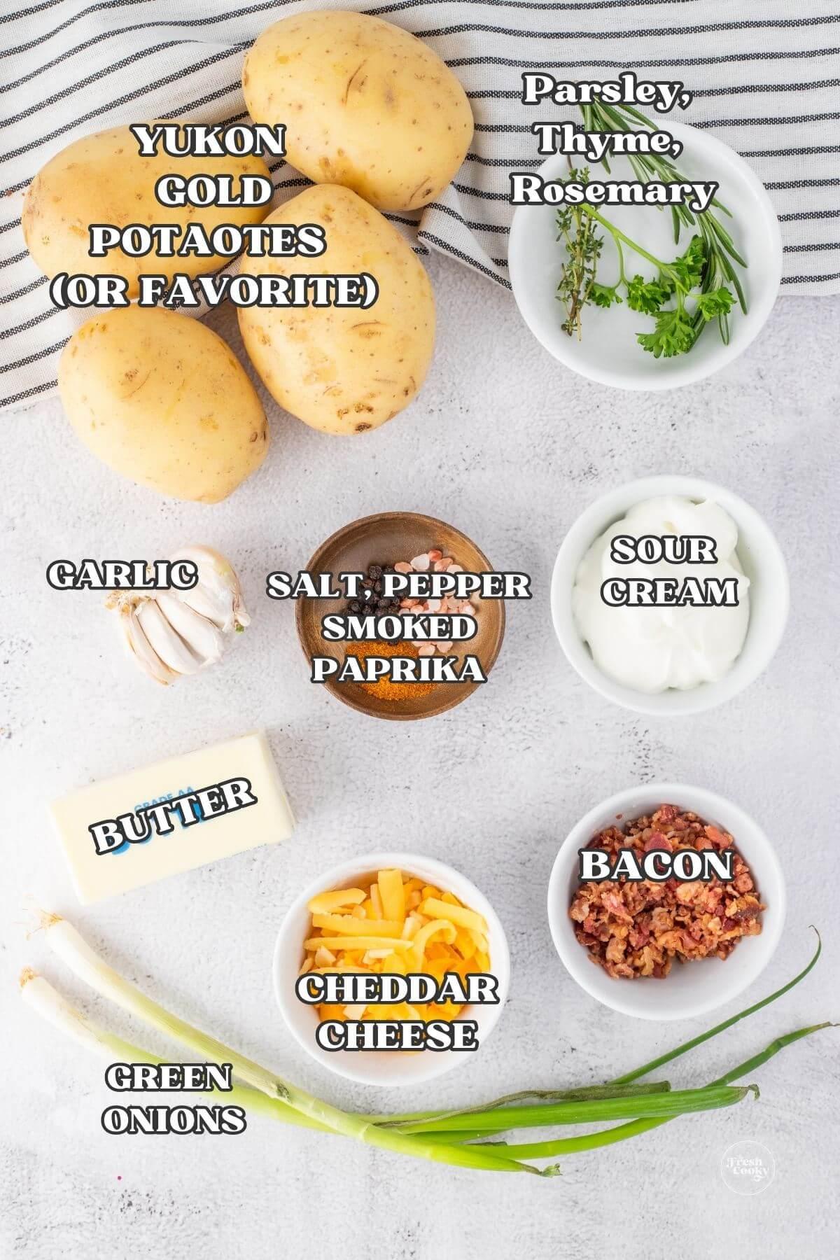 Labeled ingredients for air fryer Hasselback potatoes.
