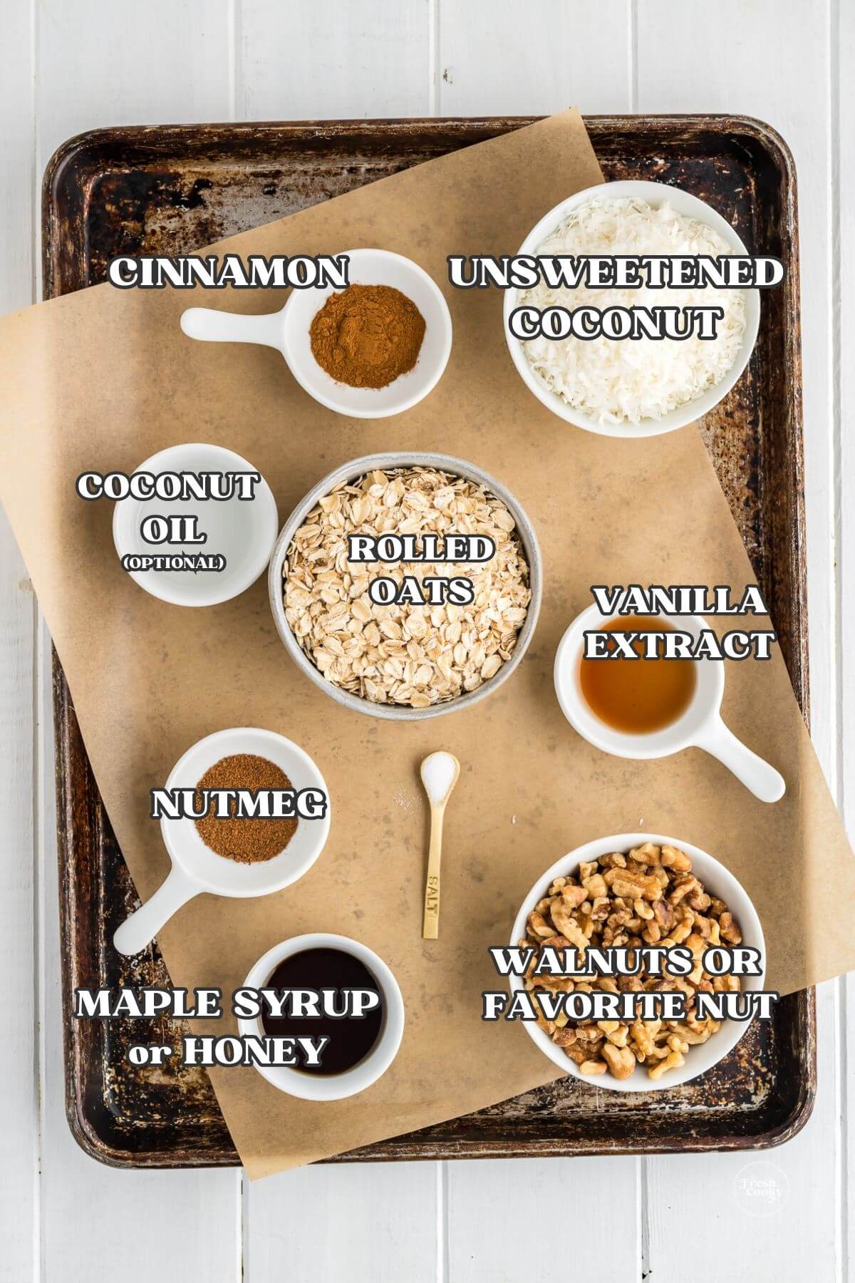Labeled ingredients for granola butter.