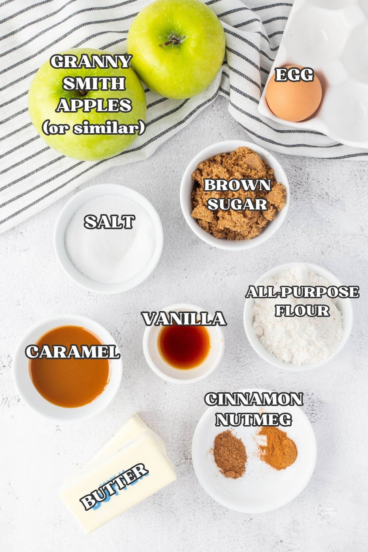 Labeled ingredients for mini apple pie recipe.