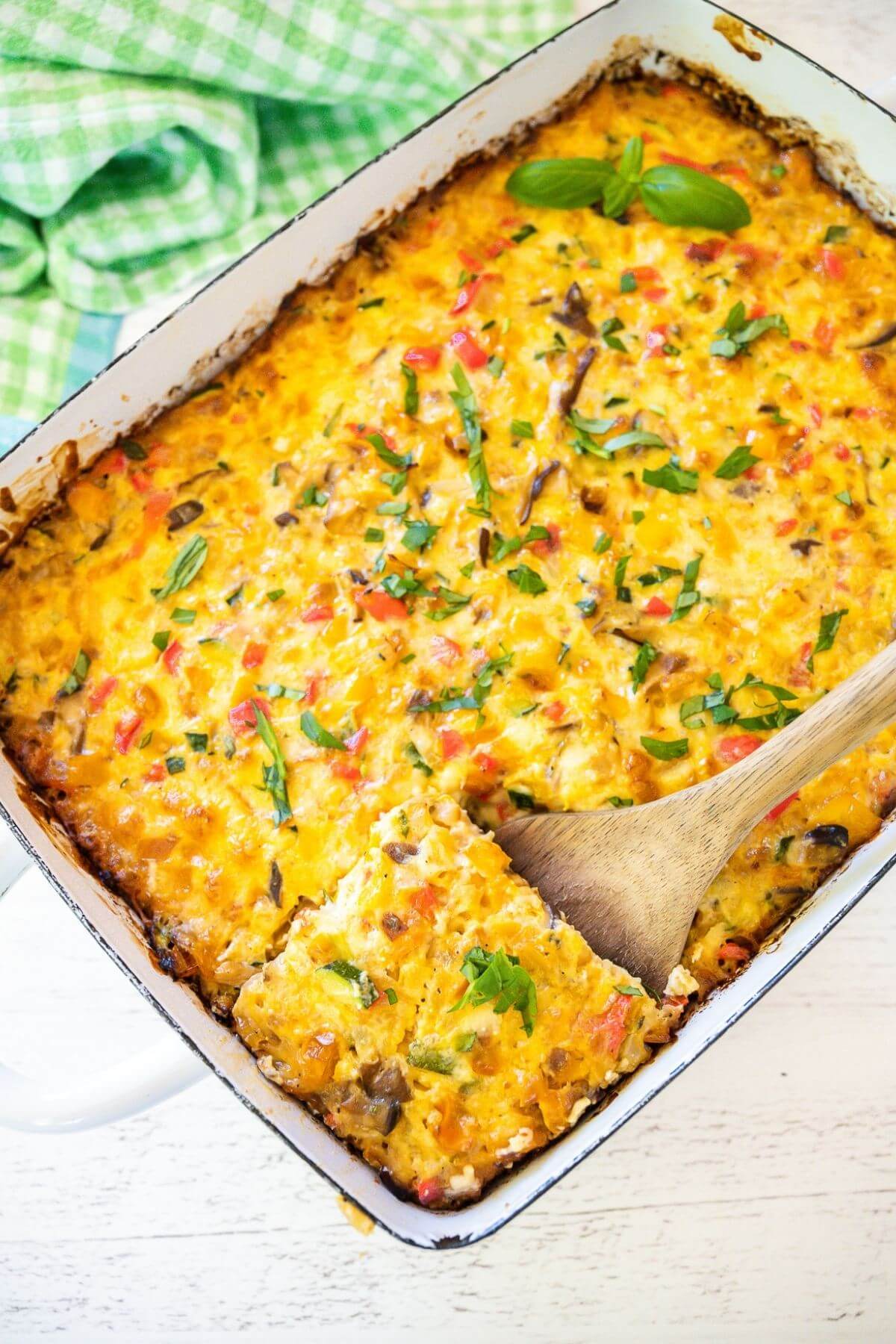 Baked meatless tater tot breakfast casserole. 