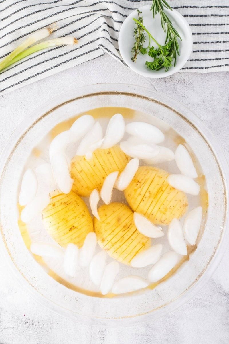 Yukon gold potatoes in ice water. 