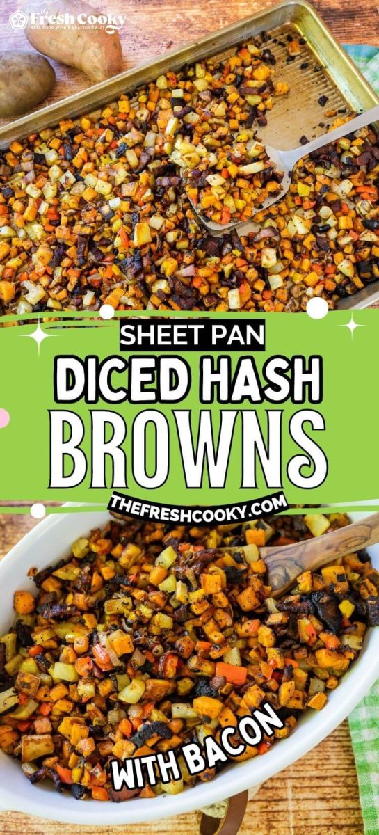 Sheet pan with roasted diced potatoes and sweet potato hash, to pin.