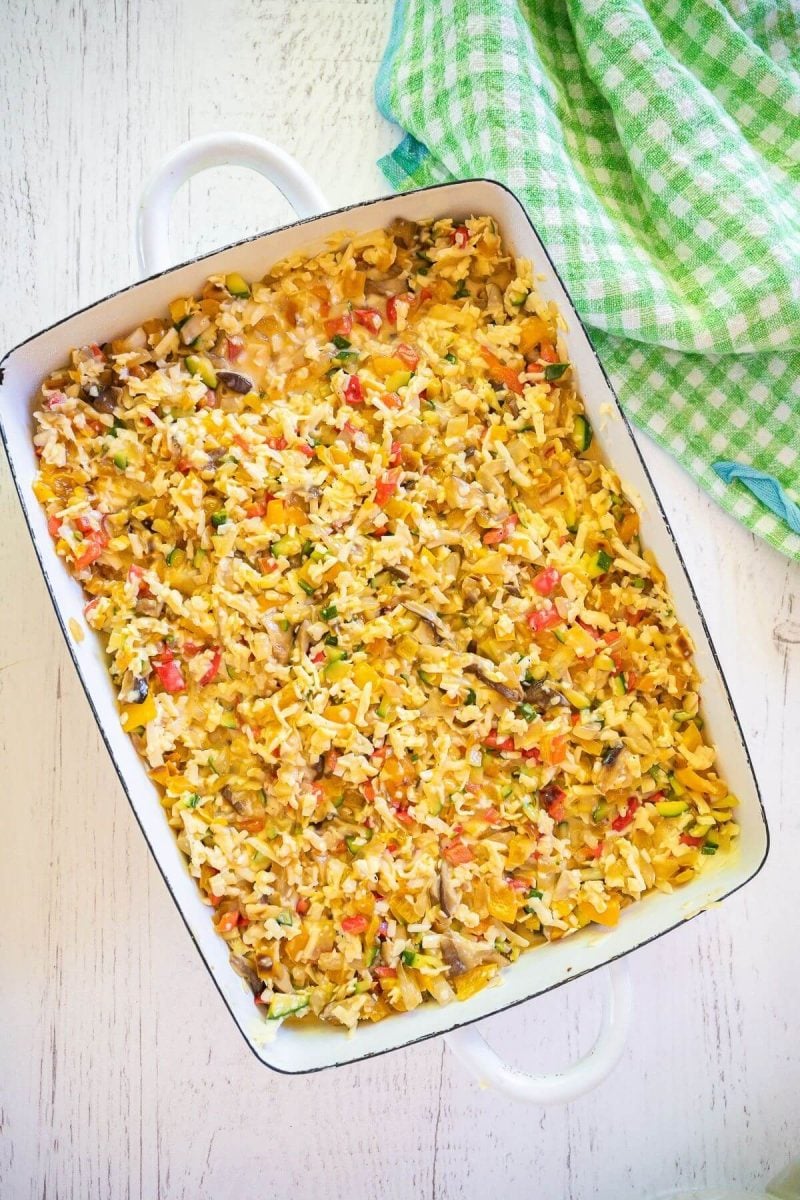 Vegetarian tater tot breakfast casserole ready for oven.