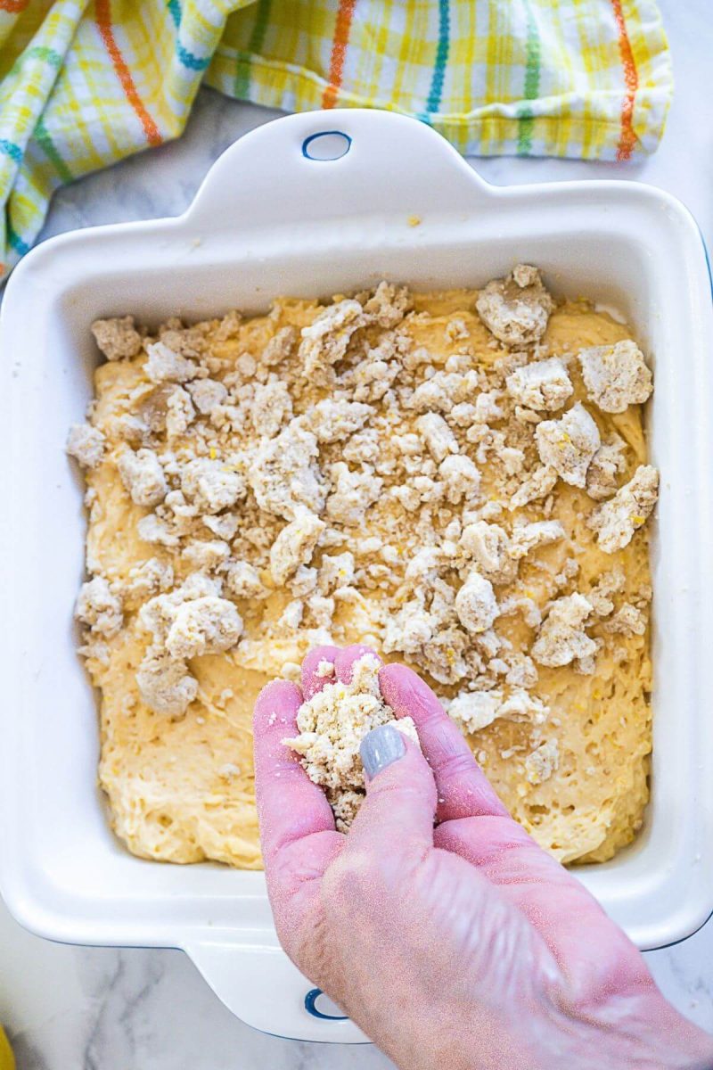 Add chilled lemon crumb topping to the batter.