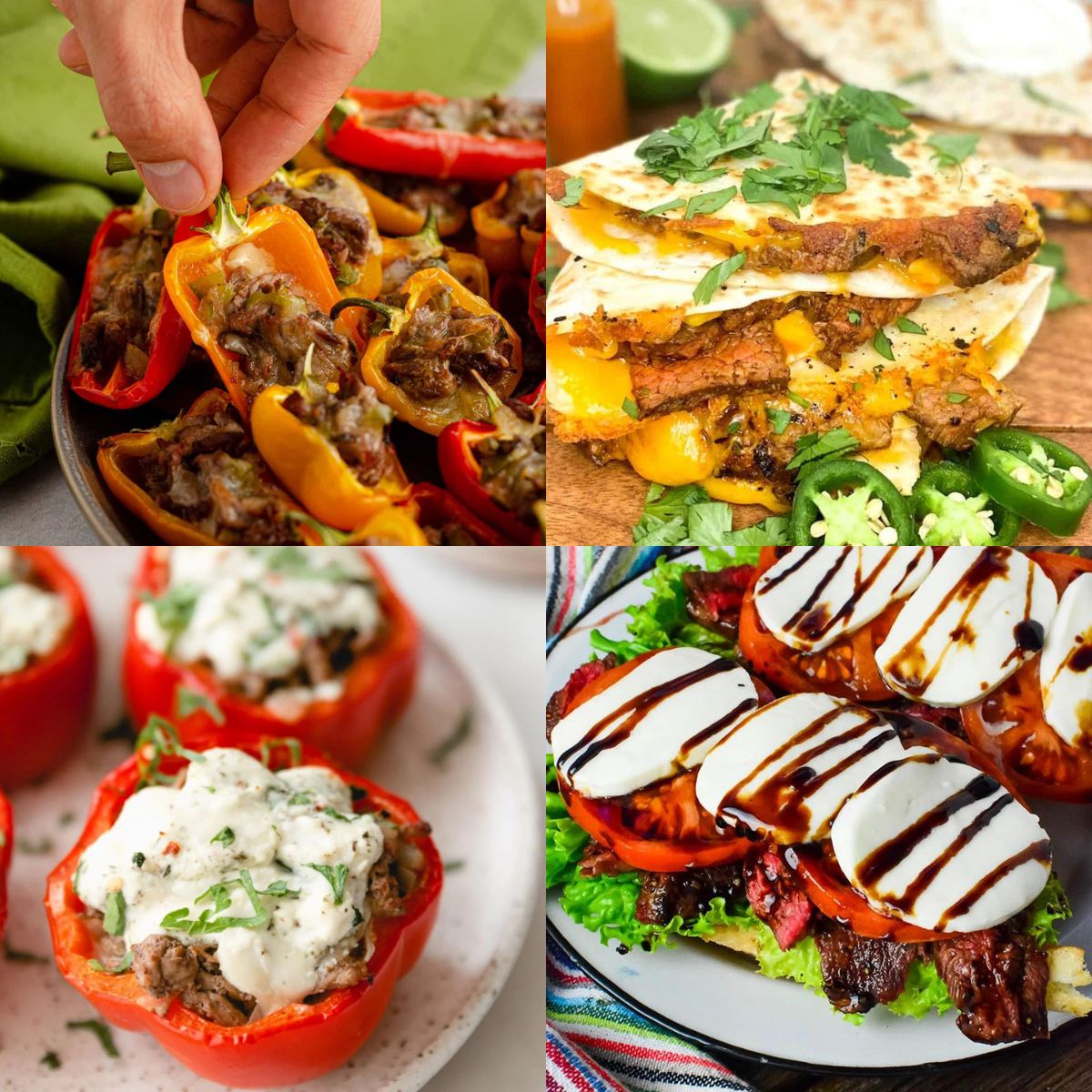 A collage of four different variations and meals to make using shaved steak.