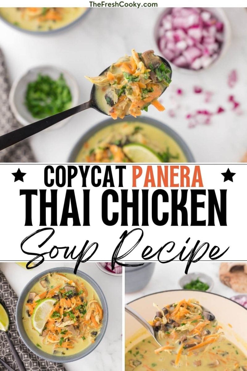 Copycat Panera Thai Chicken Soup, spoonful and in bowls for serving, to pin.