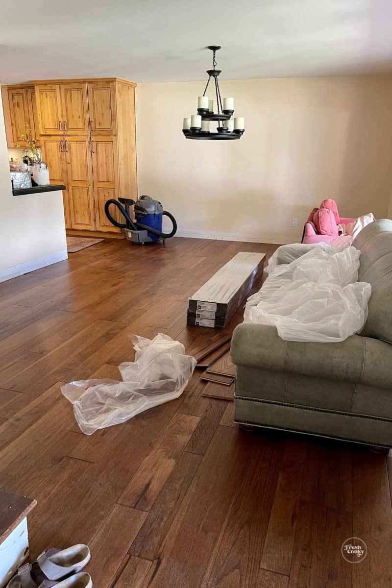 The dining and living room wood flooring. 