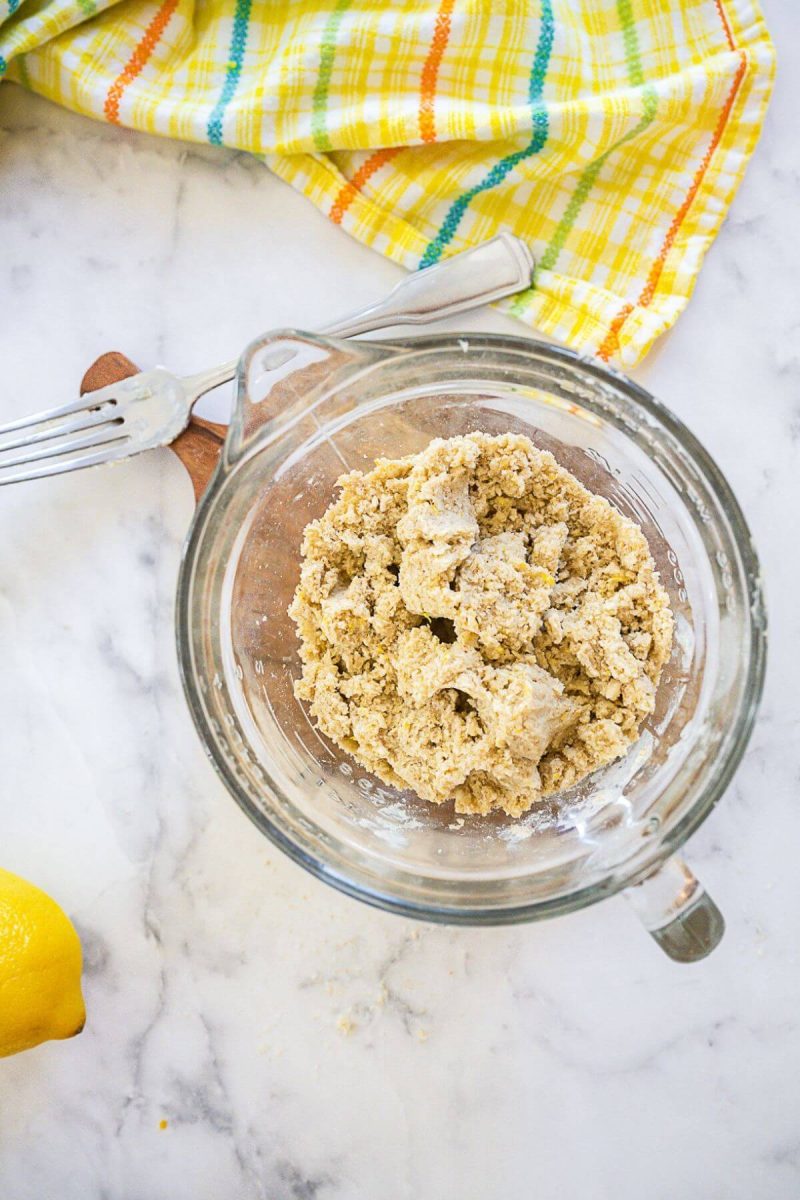 Lemon crumb topping ready to chill. 
