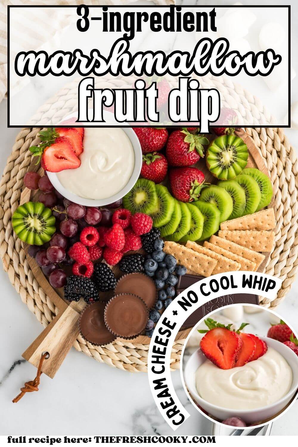 3 ingredient marshmallow fruit dip on charcuterie board, to pin.