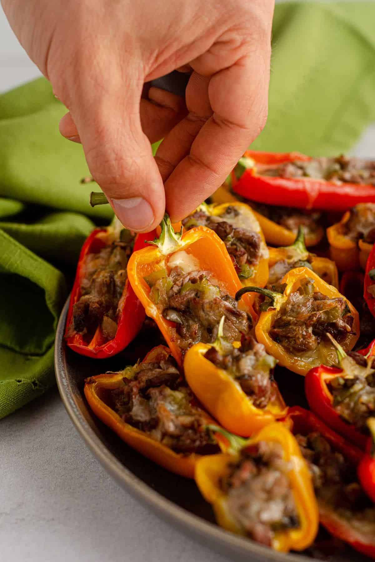 Mini stuffed Philly Cheesesteak peppers.