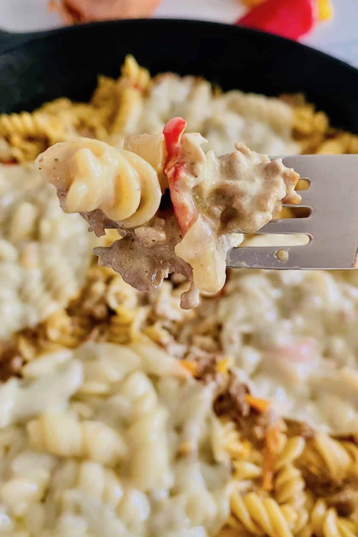 Panful of Philly Cheesesteak pasta.