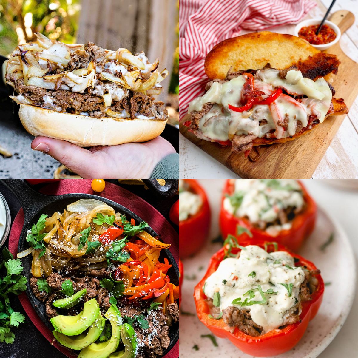 Best shaved steak recipes, round up picture with Philly cheesesteak, steak bomb, steak fajitas and stuffed peppers.