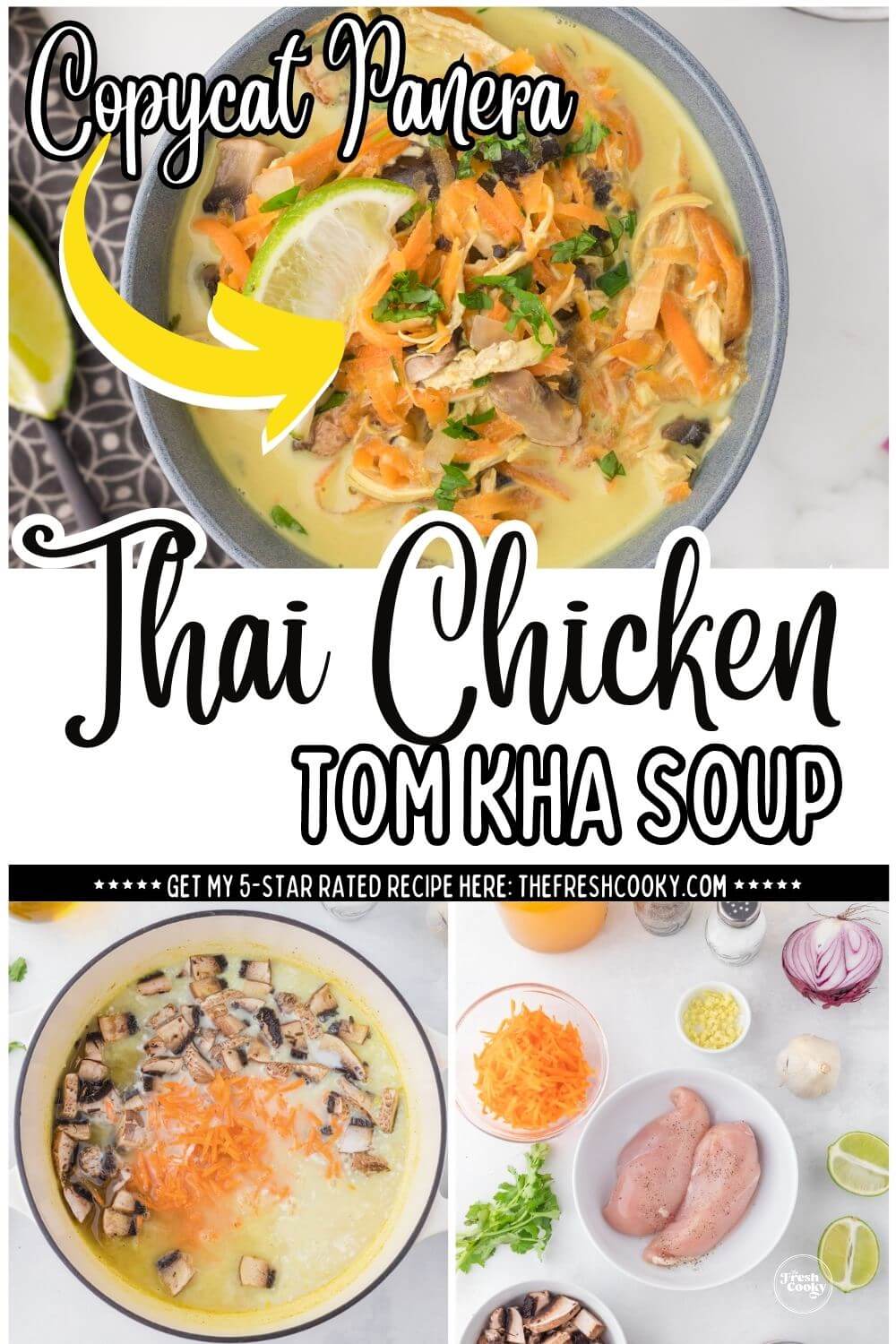 Thai Chicken Tom Kha Soup in bowl and with ingredients, for pinning.