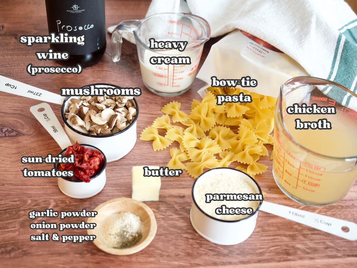 Labeled ingredients for bow tie pasta recipe.