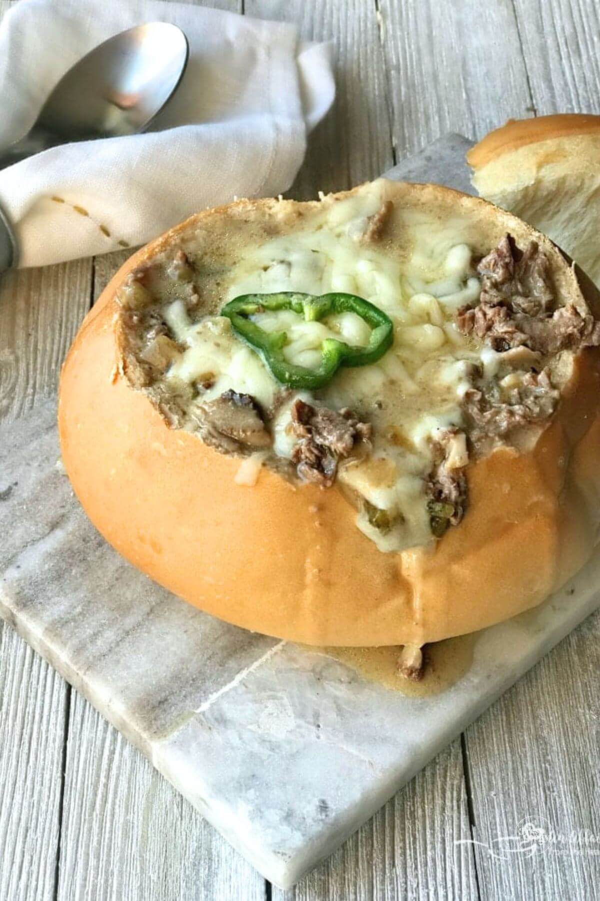 Philly cheesesteak soup in bread bowl.