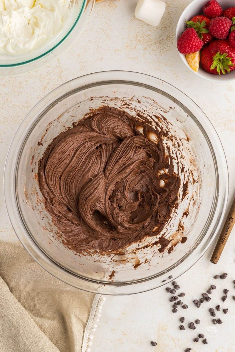 Cream cheese, powdered sugar and cocoa powder all creamed together. 
