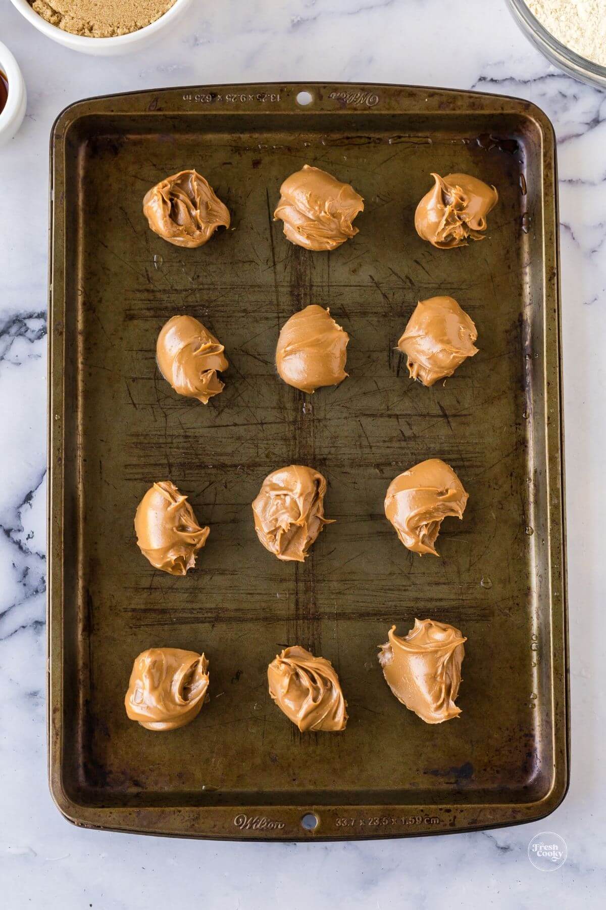 Cookie butter dollops to freeze on baking sheet.