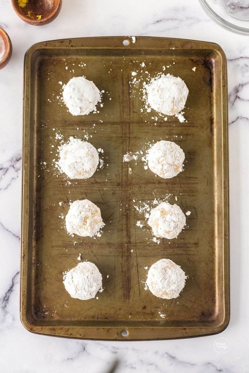 Lemon crinkle cookies rolled in powdered sugar on baking sheet. 