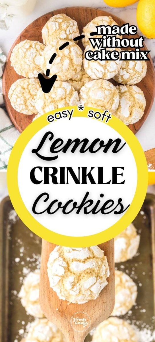 Soft and chewy lemon cookies, crinkle cookies on tray to serve, to pin.